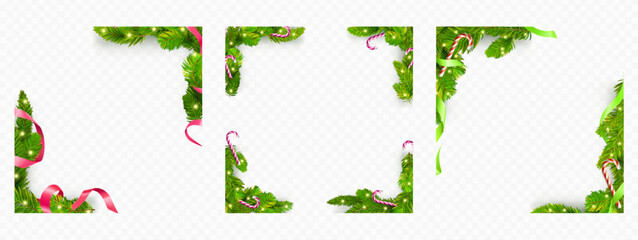 Christmas wreath frames set isolated on transparent background. Vector realistic illustration of xmas card borders and corners with fir tree garland, pink and green ribbons, candy canes and lights