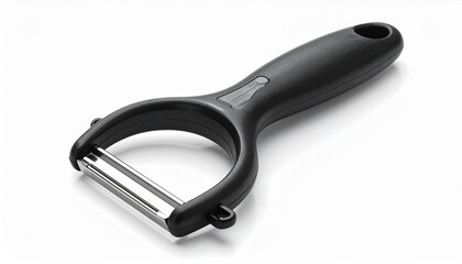 Obraz premium A black Y-shaped vegetable peeler with horizontal stainless steel blade and ergonomic handle on a plain background.