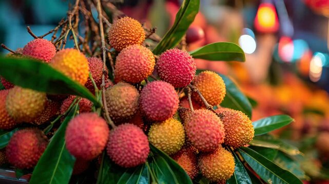 Close Up Lychee Fruits With Red And Yellow Shell And Green Leaves Under Soft Lighting And Blurred Background In Food Market With Shallow Depth Of Field Photography