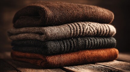 Stack of neatly folded, warm knit garments rests upon a rustic wooden surface.
