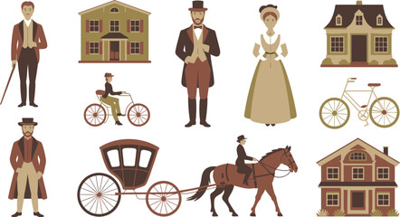 Naklejka premium Vintage People, Houses, and Transportation Horse Carriage, Bicycle, Pennyfarthing, and Victorian Fashion