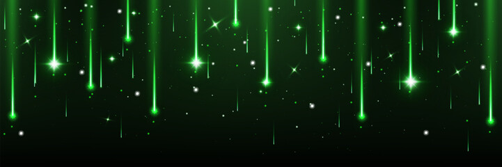 Fototapeta premium Green tech rain on black background. Vector realistic illustration of neon color light lines and sparkling stars falling down, magic holiday firework, festive shimmering effect, futuristic technology