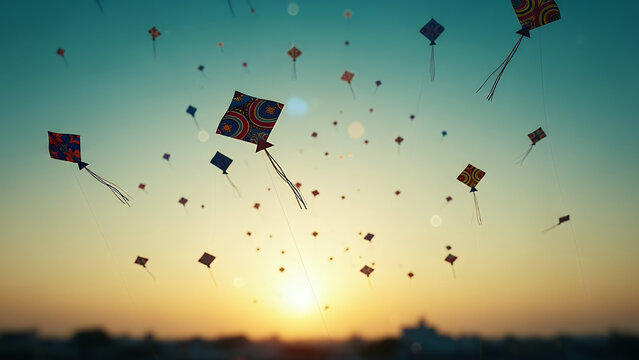Uttarayan celebration, teal yellow gradient, flying kites with gentle bokeh