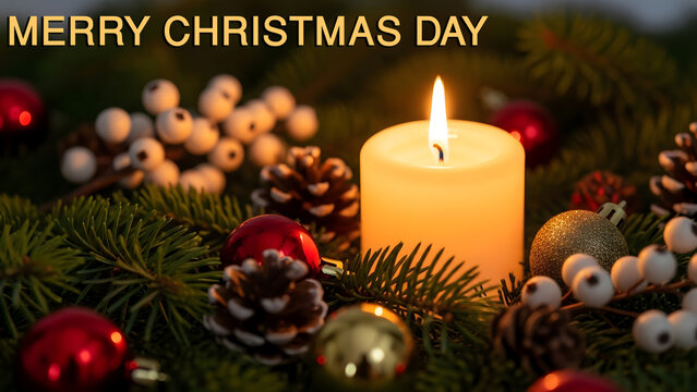 Warm merry christmas  day candle glows amidst festive decorations and evergreen branches 