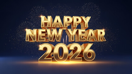 Happy New Year 2026” typography poster, metallic gold letters, sparkling particles