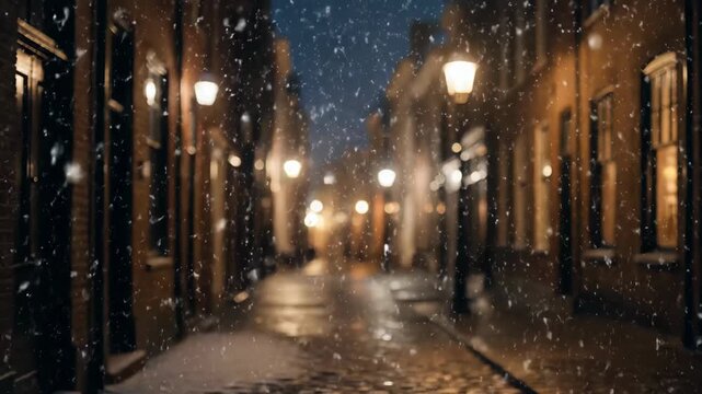 Snowfall on a cobblestone street between old buildings at nighttime