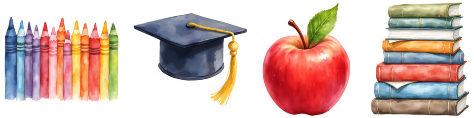 A vibrant collection of school-related items, including crayons, a graduation cap, an apple, and stacked books.