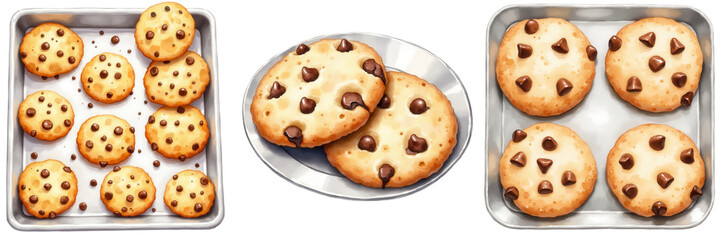 A variety of freshly baked cookies on trays, featuring chocolate chips and chunks, with a golden-brown color and a soft texture.