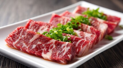 Fototapeta premium Thin slices of marbled beef rest on a white plate, garnished with chopped green onions. The dish is presented in a modern restaurant, emphasizing its freshness and quality.