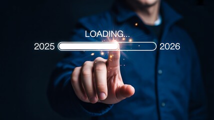 2025 to 2026 Loading Progress Bar with Futuristic Interface and Hand Touching Digital Transition
