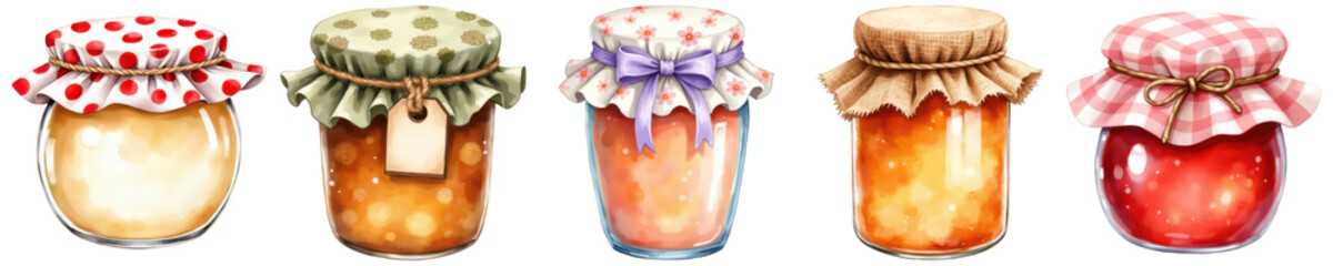 Colorful jars filled with different preserves, each topped with unique patterned lids.
