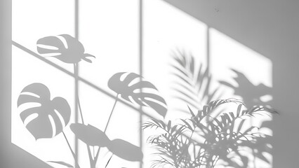 Monstera and Palm Leaf Shadows Cast on a White Wall by Natural Sunlight