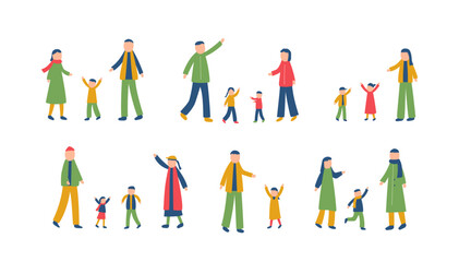 冬を過ごす家族のイラストセット