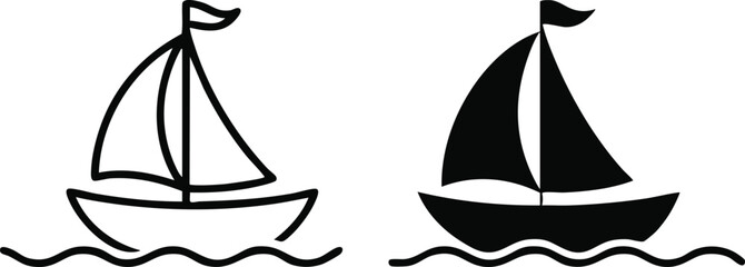 Sailboat Icon on Waves, Simple Sailboat Icon, Outline and Filled Sailboat Vector, Sailing Boat on Water Icon, Marine or Ocean Travel Symbol, silhouette, vector, illustration.