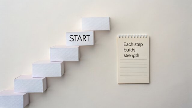 Motivational staircase with 'START' on the top step and a notepad with 'Each step builds strength' on a plain wall, conveying a sense of progress and determination.