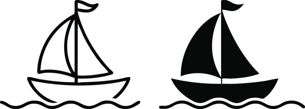 Sailboat Icon on Waves, Simple Sailboat Icon, Outline and Filled Sailboat Vector, Sailing Boat on Water Icon, Marine or Ocean Travel Symbol, silhouette, vector, illustration. - Powered by Adobe