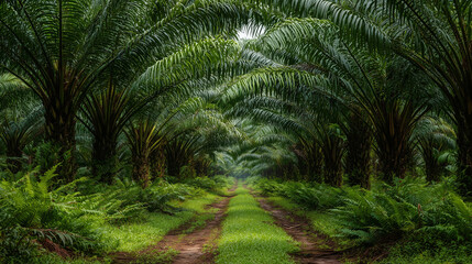 Lush tropical oil palm plantation with dense green fronds creating a natural agricultural landscape. Sustainable farming scene showing tropical vegetation and rural environment.