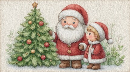 Charming Santa Claus And Young Boy By Decorated Christmas Tree Gentle Snowfall Soft Lighting Winter Holiday Scene