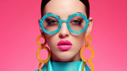 A model displays a bold fashion look featuring oversized, round glasses and large, colorful earrings. Her vivid lipstick contrasts with the bright pink background, creating a striking visual.