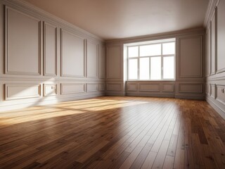 Fototapeta premium Empty room interior design with wooden floor and white wall panels