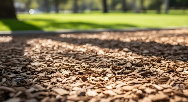 Natural wood chips cover a playground surface, illuminated by sunlight for an ecology concept
