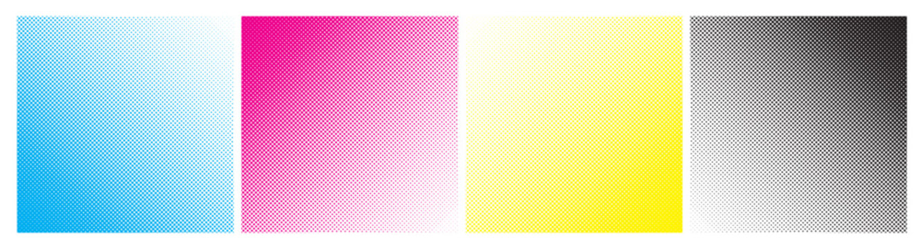 CMYK dot pattern background. Halftone dotted prepress color ink texture. Vector abstract printed production design. Bitmap pop art banner bg. Postscript rip chart illustration