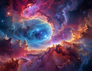 Vivid nebula displays a cosmic swirl of colors and celestial bodies