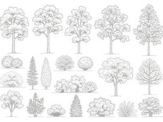 Collection of hand drawn trees and bushes for landscape design