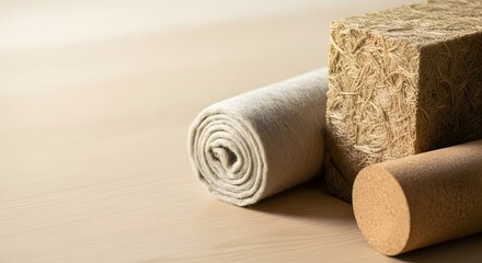 Sustainable ecology concept with natural insulation samples, featuring renewable and eco-friendly building materials for energy-efficient homes
