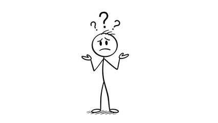 Fototapeta premium stickman, stick figure, confused stickman illustration, questioning character drawing, puzzled figure with question marks, simple doodle expressing confusion