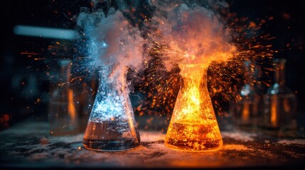 Two laboratory flasks react with colorful chemicals, producing bright blue and orange smoke and sparks. The scene is filled with excitement and energy typically seen in scientific experiments.