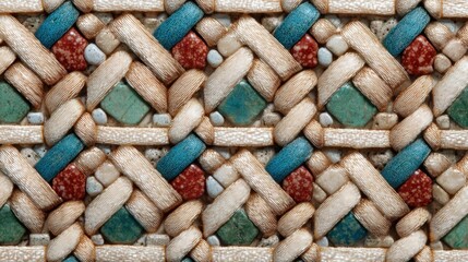 This close-up view reveals a beautifully woven textile featuring colorful threads and detailed patterns. The textures and colors highlight skilled craftsmanship in textile design.