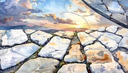 Watercolor landscape of a stone path leading towards a sunset