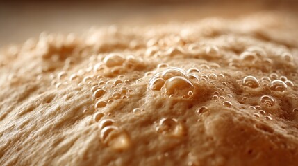 Dough rises in a warm kitchen, creating bubbles as yeast ferments and produces carbon dioxide. This process is crucial for making bread light and airy.