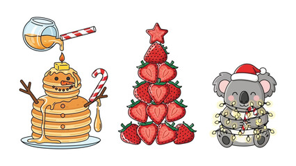 Festive Culinary Delights: A whimsical arrangement of a pancake snowman drizzled with honey, a strawberry Christmas tree, and a koala wrapped in fairy lights, all in a holiday setting. © Jannat