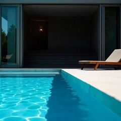 Fototapeta premium Modern swimming pool beside a luxury house with glass walls, wooden deck, and balcony. Calm water reflects sky and surroundings, creating a serene and spacious outdoor atmosphere.