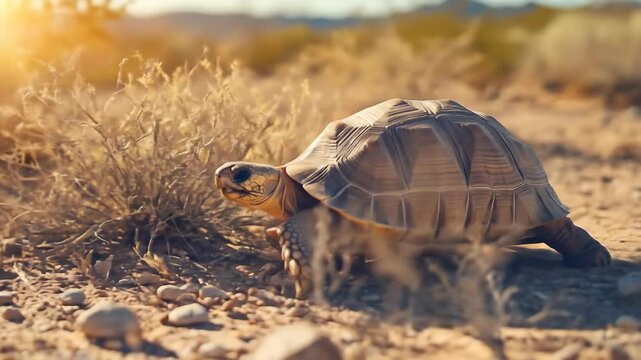Desert tortoise on arid ground under bright sunlight