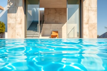 Fototapeta premium Modern swimming pool beside a luxury house with glass walls, wooden deck, and balcony. Calm water reflects sky and surroundings, creating a serene and spacious outdoor atmosphere.