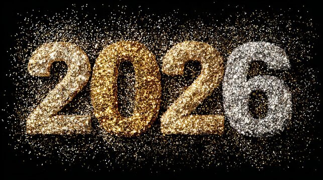 Happy New Year 2026 golden glitter numbers festive celebration banner with sparkling gold and silver confetti on dark background holiday party decoration design - Powered by Adobe