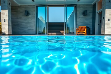 Fototapeta premium Modern swimming pool beside a luxury house with glass walls, wooden deck, and balcony. Calm water reflects sky and surroundings, creating a serene and spacious outdoor atmosphere.