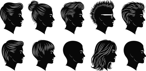 Hairstyle silhouette heads, profile view, hair design variety, fashion reference, character styling, haircut shapes, beauty concept, style guide