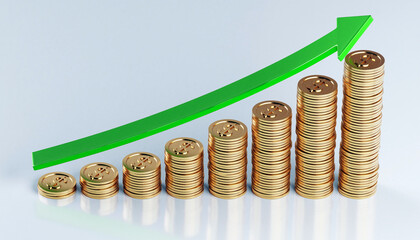 Stacked gold coins with upward green arrow symbolizing financial growth and success

