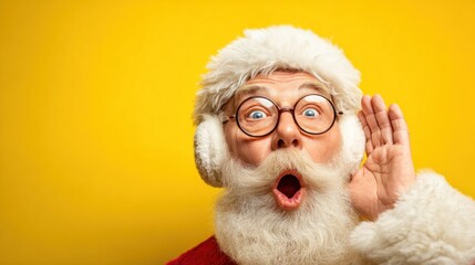 Waist-up portrait of a joyful Santa DJ with glasses, tilting his head and expressing excitement against a vibrant yellow background, perfect for holiday themes