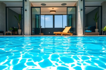Fototapeta premium Modern swimming pool beside a luxury house with glass walls, wooden deck, and balcony. Calm water reflects sky and surroundings, creating a serene and spacious outdoor atmosphere.