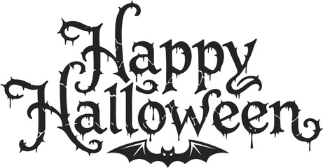 A spooky, gothic-style vector typography design for "Happy Halloween" featuring distressed, dripping lettering with thorny accents and a silhouette of a flying bat at the bottom. © Muntaha Studio