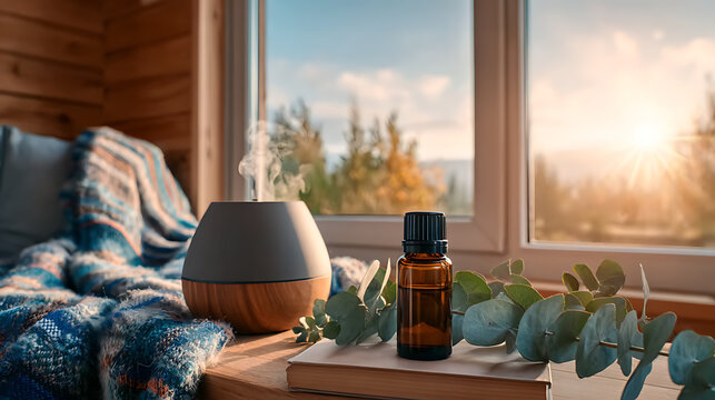 Aromatherapy diffuser essential oil bottle cozy cabin wooden interior morning light eucalyptus leaves soft blanket steam mist natural wellness self care well being ambiance - Powered by Adobe