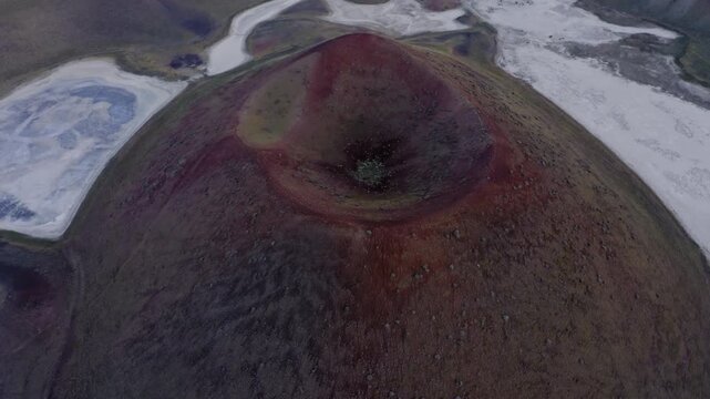 Aerial view of volcano crater and dried lake at sunset, Turkey
