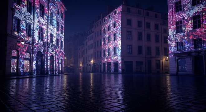 F&ecirc;te des Lumi&egrave;res festival in Lyon, where colorful light projections illuminate historic buildings at night 