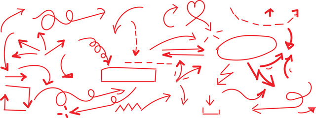 collection of hand-drawn, red doodle arrows and shapes, likely a stock vector graphic. 