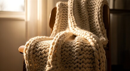 Obraz premium A cozy, chunky knit cream blanket draped over a wooden chair in soft, warm indoor lighting.